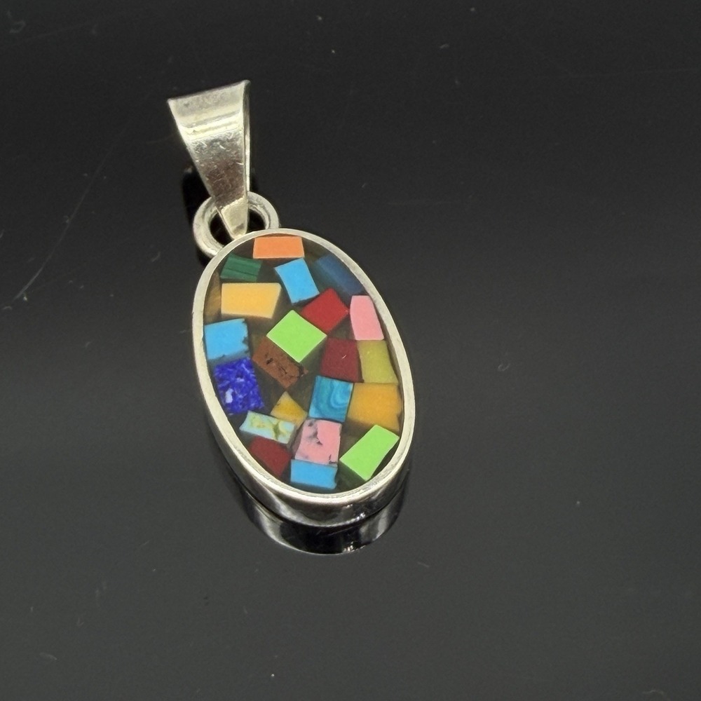 Mexico Sterling Silver Coloful Multi Gemstone Confetti Inlay Oval Pendant 1.5"